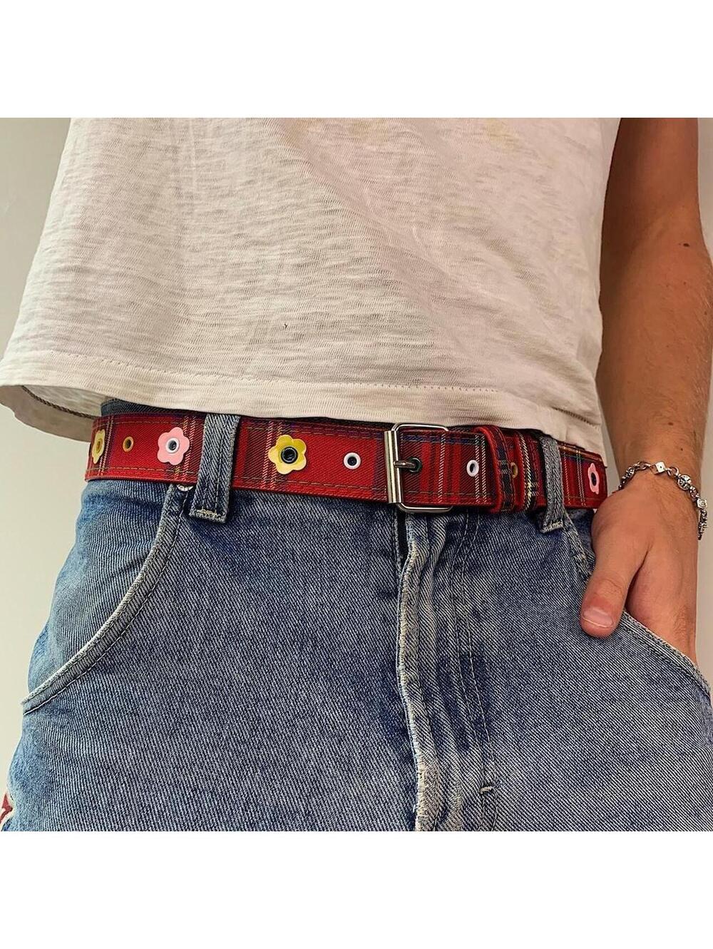 Colorful Plaid and Flower belt. Y2k style. 40 inches length - Picture 3 of 8